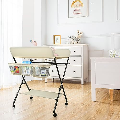 Table à langer mobile, table à langer portable, table à langer baignoire avec ceinture de sécurité et compartiments de rangement, pour bébé jusqu'à 12 mois, Jusqu'à 25 kg,Beige
