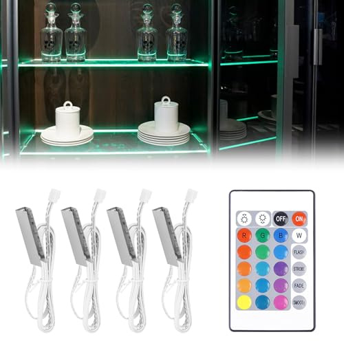 Juego de 4 luces LED para suelo de cristal, iluminación de vitrinas, iluminación para armarios de cocina, iluminación LED con cambio de color remoto RGB, para cocina, vitrina, armario