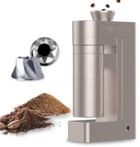 FEMOBOOK-A5 Elektrische Kaffeemühle mit Kegelmahlwerk,Champagnergold | Kabellose, USB-wiederaufladbare Single-Dose-Kaffeemühle, 53 mm Edelstahl-Kegelmahlwerk, für Espresso und Pour-over