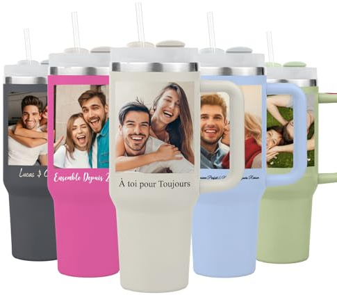 Tumbler Personalizado de 40 oz (1,2 L) con Asa y Pajita, Tumberes Aislados de Acero Inoxidable con Foto, Nombre, Texto, Vasos Personalizados con Nombre, Regalos Personalizados para Mujeres Hombres
