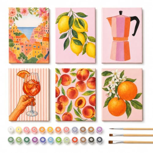Malen nach Zahlen DIY Frucht Malset 6tlg. Var. D inkl. R. f. Erwachsene | Die Leinwand aus feinem Leinen nimmt Farbe gut auf und macht das Paint by Numbers Motiv besonders haltbar