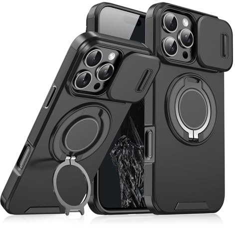 Generisch New Slide Camera Protection Magnetic Stand Phone Case, with Cover & Rotating Ring Bracket, for iPhone 17/16/15/14/13/12/11 Pro Max (for iPhone 16 Pro,Schwarz)