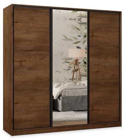 Masseno Schwebetürenschrank TARI 200/205/58 cm Kleiderschrank mit 4 Schubladen Schlafzimmer Schiebetürenschrank 3-türig mit Spiegel Eiche Lefkas