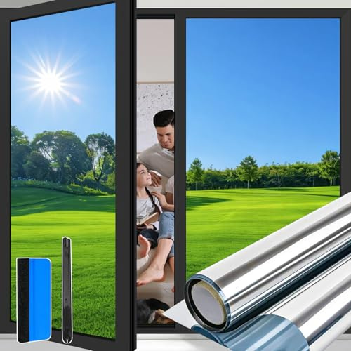 Niviy Spiegelfolie Fenster Silber 105x200cm | Einseitige Fensterfolie Blickdicht von außen, von innen durchsichtig, Selbstklebend Sonnenschutzfolie UV Schutzfolie