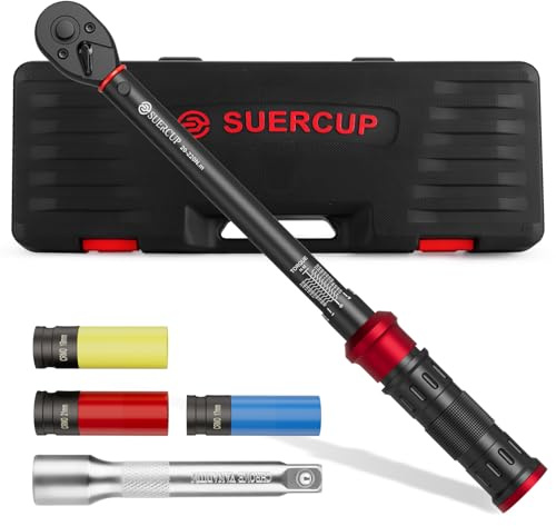SUERCUP 1/2 Zoll 20-220NM Drehmomentschlüssel Set 5-tlg, Auto & Motorrad | ±3% Fehlergenauigkeit,mit Stecknüsse 17mm/19mm/21mm, 75mm Verlängerungsstange, für Reifenwechsel Auto und Motorrad
