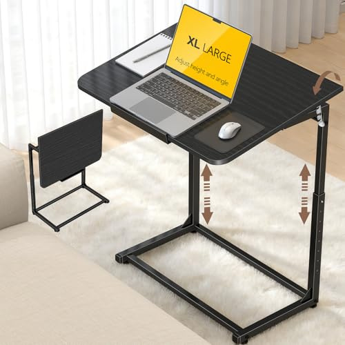 Extra Large Heavy Duty TV Tray Table, 23.6 Folding C-Shaped Laptop Desk for Couch & Bed, Height & Tilt Adjustable Overbed End Table with Phone/Tablet Slot, Easy Clean Black Finish for Small Spaces
