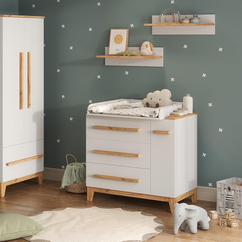 VitaliSpa Wickelkommode Malia, Weiß/Artisan, 98 x 98 cm | mit 1 Tür & 3 Schubladen, mit Wickelauflage und abnehmbarem Aufsatz zur Reinigung