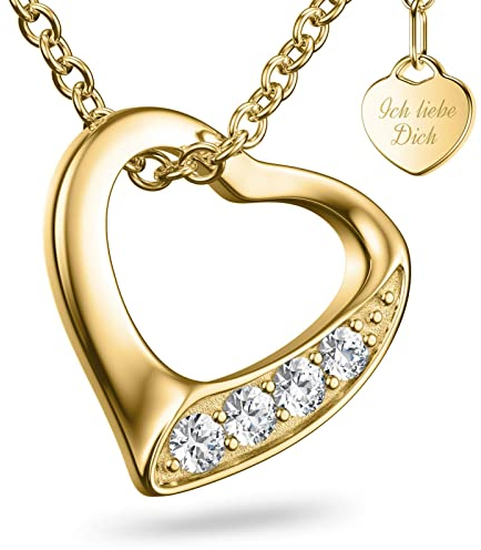 Herzkette Halskette Damen Gold (Silber 925 vergoldet) Kette mit Herz-Anhänger Ich liebe Dich mit Zirkonia-Steinen Schmuck Geschenke für Frauen Sie Freundin mit Gravur zum Jahrestag Liebesgeschenk