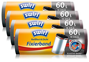 Swirl Fixierband-Müllbeutel, 60 Liter, 4 Rollen mit je 10 Beuteln, Anthrazit