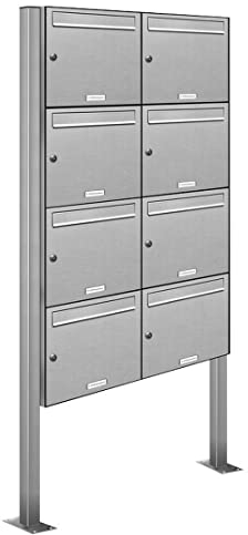 AL Briefkastensysteme 8er V2A Edelstahl Standbriefkasten rostfrei als 8 Fach Briefkastenanlage DIN A4 in Postkasten Briefkasten Design modern