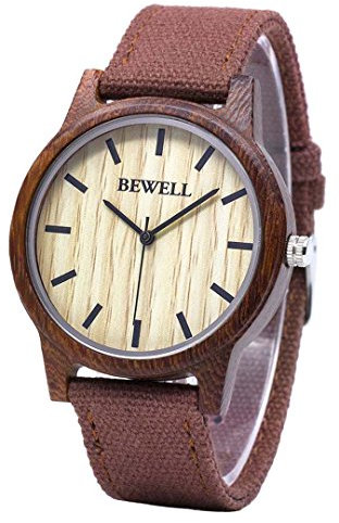 BEWELL Damen Uhr Aus Holz Analog Japanisches Quarzwerk mit Nylon Armband Rund Casual Holzarmbanduhren für Frauen (Rot)