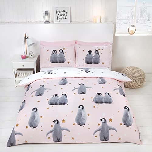 Rapport Bettbezug-Set mit Pinguin-Muster, Rose, Doppelbett