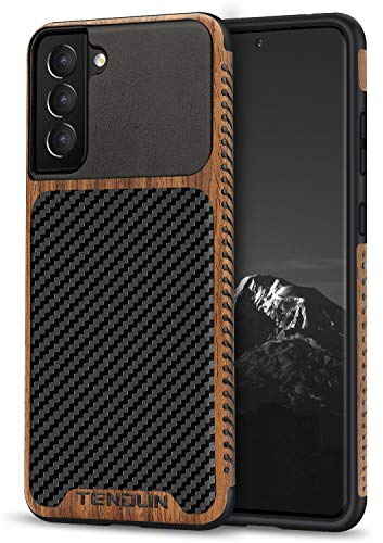 TENDLIN Kompatibel mit Samsung Galaxy S21 Hülle Holz und Carbon Textur Design Leder Hybrid Handyhülle (Schwarz)