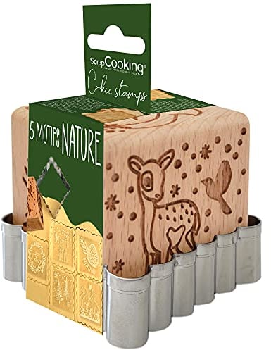 ScrapCooking 5127 - Sello de madera con diseño de bosque encantado, con 1 cortador, cortador de galletas y cubos decorativos con 5 caras grabadas en relief, molde decorativo