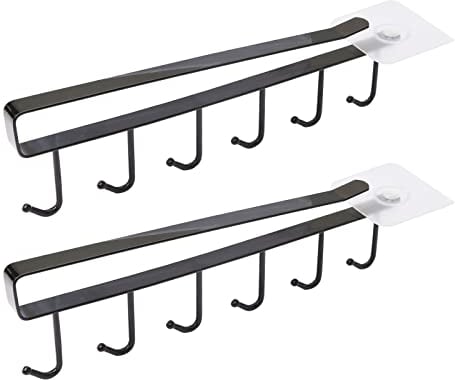 2 Pcs Black 6 Hooks Cup Holder Under Cabinet, Undershelf Mug Storage for Restaurant Coffee Shop Bar Kitchen, with Adhesive Screw