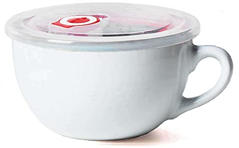 Yi Chen 700ml Ceramica Tazze Da Zuppa Tazza Da Colazione Con Manico,Largo Grande Tazza Da Caffè Microonde Cereali Zuppiera Per Latte Cappuccino Fiocchi D'avena-bianca-con coperchio