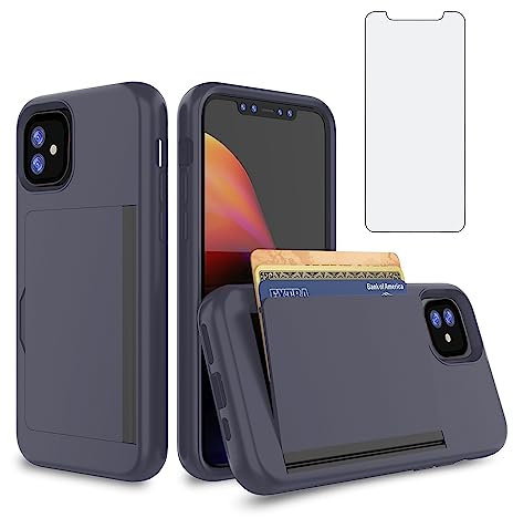 Asuwish Phone Case for iPhone 11 6.1 with Tempered Glass Screen Protector Cover and Credit Card Holder Stand Slim Hybrid Cell Accessories iphone11case iPhone11 i Phone11 11s XI 11R Women Men Navy Blue