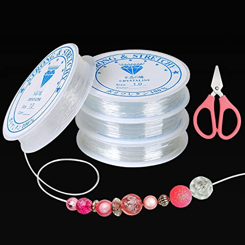 Furuising 4 Rolls Elastic Bracelet String, 1mm Clear String for Bracelet Making, Durable & Strong Elastic Cord for Jewellery Making Nylon Thread with 1pc Scissors for Beads DIY Crafts (1.0 mm x 4 m)