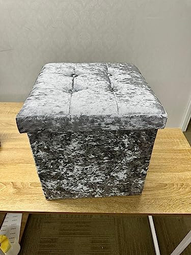 Textile Home New Crushed Velvet Diamante Ottoman Storage Box Seat Stool Toy Storage Box (Silver, 1 Seater)