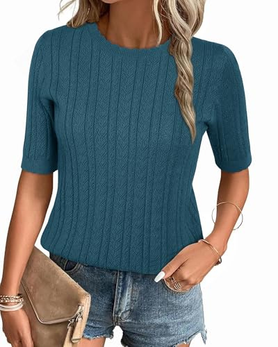 Arach&Cloz Jumpers for Women UK Short Sleeve Summer Tops Casual Blouse Shirt Knitted Sweater Fall Winter Basic Top Blue