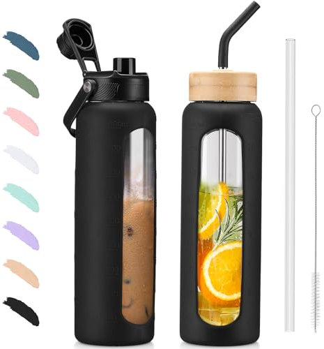 BLUEGO 900ML Bouteille d'eau en Verre et 2 Couvercles Gourde Reutilisable Tasse à Café avec Marqueur de Temps et Protecteur en Silicone Sans BPA pour Enfant et Adultes, Noir