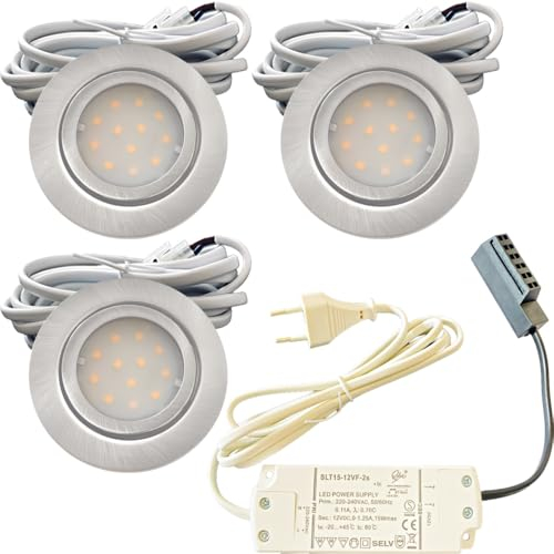 3er Set IP44 LED Möbeleinbauleuchte 12V flach 2,4W Möbelspot New Lina 200lm Edelstahl geb. inkl. LED Trafo, 230V Zuleitung mit Stecker und AMP Verteiler 3000K Warmweiß Lochausschnitt: 55 bis 60mm