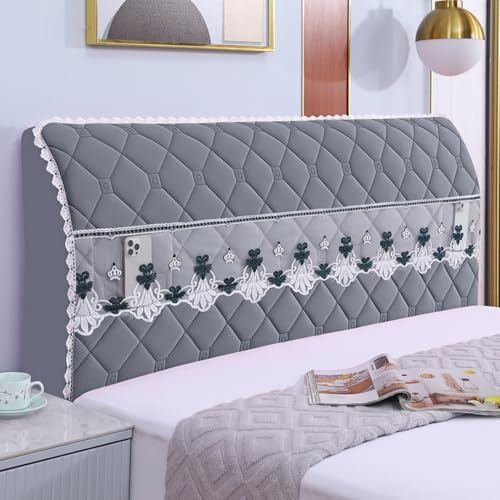 JANEMUA Bed Headboard Slipcover with Lace Pocket, Solid Color Headboards Cover, Lozenge Pattern Dustproof Protector Cover-Dark Grey||240cm