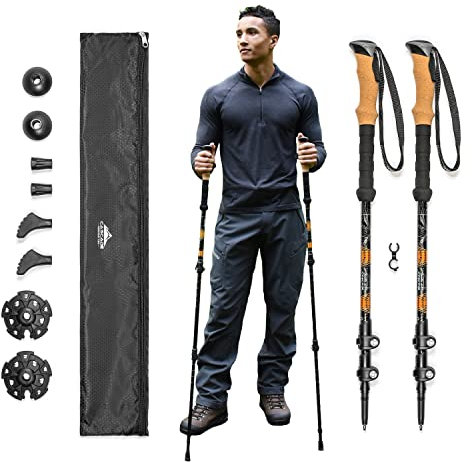 Cascade Mountain Tech Trekking Poles - Aluminum Hiking Walking Sticks with Adjustable Locks Expandable to 54 (Set of 2), Cork Grip, Orange