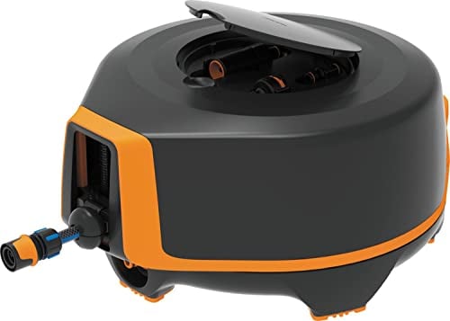 Fiskars Waterwheel XL, All-Inclusive-Bewässerungs-Set, 25 m Gesamtreichweite, Automatisches Einziehen, Gartenschlauch in Universalgröße (Ø 13 mm), Universal-Hahnverbinder, Schwarz/Orange, 1025932