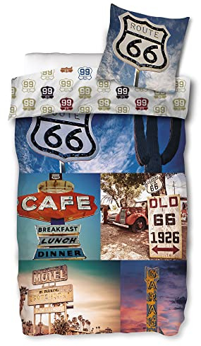 BERONAGE Route 66 Bettwäsche Mother Road 135 cm x 200 cm + 80 cm x 80 cm 100% Baumwolle Linon-Qualität Roadtrip Amerika USA Freedom Pickup Vintage Highway Street Motorrad Motel Reißverschluss 020