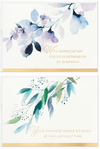Hallmark - Biglietti di ringraziamento funerale con fiori ad acquerello (50 biglietti di ringraziamento per la tua simpatia con buste)