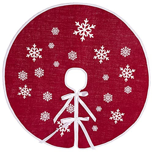 N&T NIETING Christmas Tree Skirt, 30 Inch Snowflake Printed Round Burlap Tree Skirt, Suitable for Xmas Tree Santa Claus Holiday Decorations (Red)