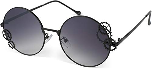 styleBREAKER Damen Sonnenbrille mit Zahnrad Applikation an den runden Gläsern, Metall Gestell, Retro Look 09020127, Farbe:Gestell Schwarz/Glas Grau Verlauf