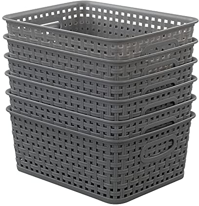 Easymanie Grey Plastic Weave Storage Basket Box, 6 Packs