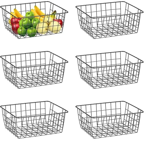 Wire Baskets, 6 Pack 11.02× 8.7 × 4.7 Durable Small Black Metal Wire Storage Basket, Multipurpose Freezer Storage Organizer Baskets for Bathroom, Pantry, Freezers, Kitchen Cabinet, Closets, Shelf