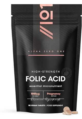 Folic Acid 1000mcg – 90 Vegan Tablets (3 Months Supply) – Essential Pregnancy Support – Resealable and Recyclable Pouch by Alpha01