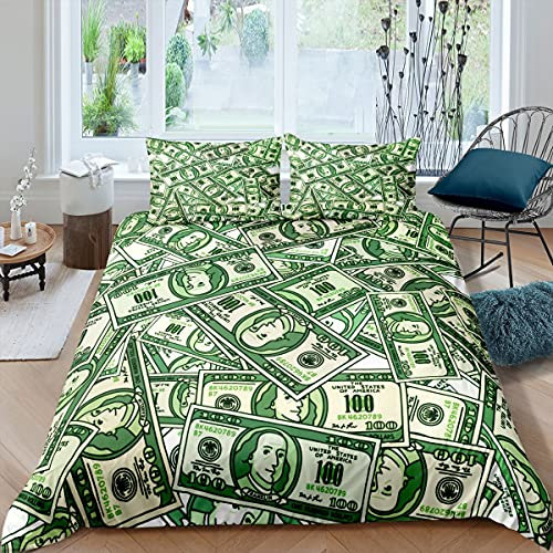 feelingyou Geld-Muster-Bettbezug-Set, Dollarnoten der Vereinigten Staaten schickes Design, Dekor 2-teiliges Bettwäsche-Set mit 1 Kissenbezug, 135x200cm, Grün Weiß
