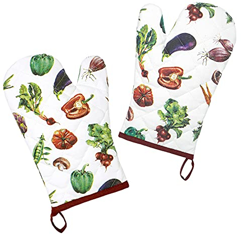 Lashuma 2er Küchenhandschuhe Set, Topfhandschuhe 30x20 cm, Backhandschuhe bunt Muster: Gemüse