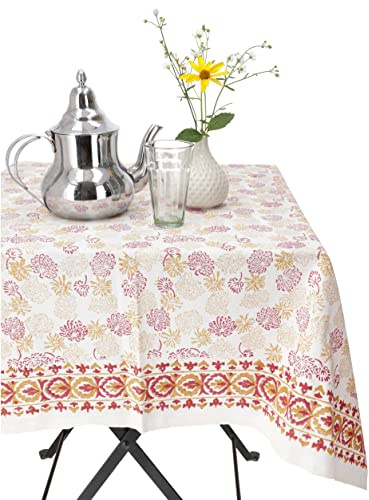 GURU SHOP Handbedruckte Tischdecke, Tischläufer Blockdruck, Boho Tischdecke 140x200 cm - Modell 7, Creme-weiß, Baumwolle, Tischläufer, Tischdecken