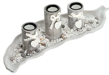 Relaxdays Portacandele, con Vassoio e Vasetti, Centrotavola, L: 50,5 cm, 3 Candeline, Shabby Chic, Cuori, Beige Bianco, Fibra di Legno