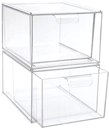 Warmhm 2pcs Stackable Makeup Storage Case Plastic Cosmetic Organizer with Break Resistance for Office and Birthday Gift
