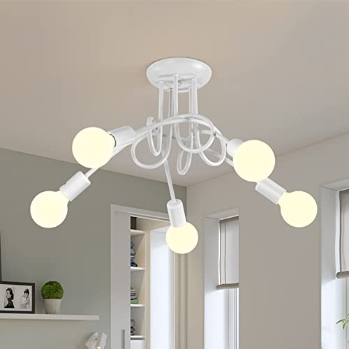 Riserva Deckenleuchte Vintage 5-Flammig, Modern Industrielle Deckenlampe Metall E27, DIY Kreative Kronleuchter für Wohnzimmer Esszimmer Küche Hotel Café, 60cm, Weiß (ohne Glühbirne)