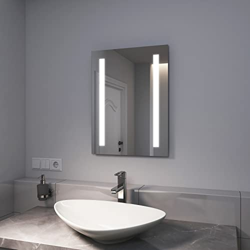 EMKE Badspiegel mit Beleuchtung 45x60cm Badezimmerspiegel mit 2 Lichtfarben, Antibeschlag und Kippschalter, IP44 energiesparend LED Badspiegel