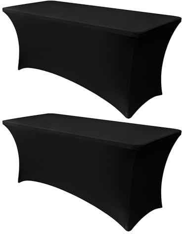 Obstal 6ft Stretch Black Spandex Table Cloth for Standard Folding Tables - 2 Pack Universal Rectangular Fitted Tablecloth Protector for Wedding, Trade Show, Vendor Stand