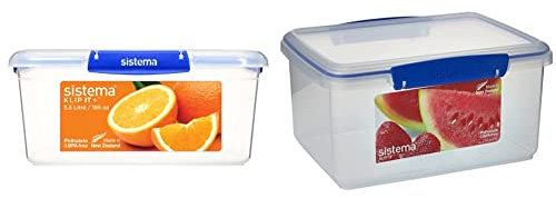 Sistema KLIP IT PLUS Food Storage Container | 5.5 L Square | Stackable & Airtight Fridge/Freezer Food Boxes with Lids | BPA-Free Plastic & KLIP IT Food Storage Container | 3 L | Blue Clips | 1 Count