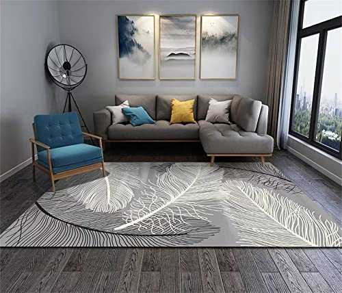 RUGMRZ Teppich Flach Gewebt Webteppich Grauer Schlafzimmer Teppich mit weißem Feder Druck rutsch fest und langlebig Teppich Kinderzimmer Jungen 80X150CM