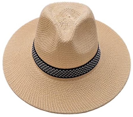 XIXIMAON – Sombrero de paja Panamá con bordes anchos de verano Fedora Trilby Gángster – Sombrero de sol anti-UV con cinta para playa, vacaciones, beige, Talla única