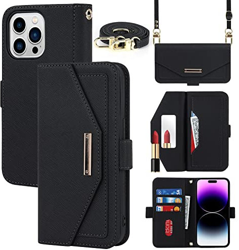 CAVOR Handykette iPhone 14 Pro Max Hülle Mit Band,Flip Leder Geldbörse Handyhülle,[Spiegel][Mit 5 Kartenfach][Magnetisch],Klapphülle Schutzhülle für iPhone 14 Pro Max - Schwarz