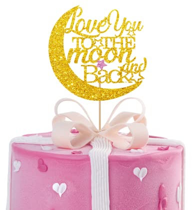 Love You To The Moon and Back Cake Topper, Twinkle Twinkle Little Star Cake Topper, Baby Girl Two Years Old Cake Decor, Baby 2nd Birthday Party Supplies Decoration - Red & Black Glitter