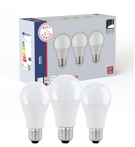 EGLO 3er Set LED Lampen E27 Fassung, Glühbirnen Standard, je 8 Watt, Leuchtmittel neutralweiß, 4000 K, 806 Lumen, Glühlampe A60, Glas opal, Ø 6 cm
